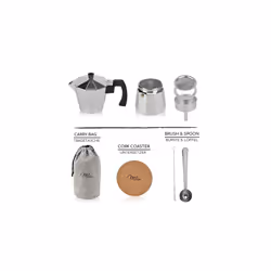 Milu Espresso Maker (Non Induction) | 2, 3, 6, 9 Cup | Aluminium Espresso Pot, Stovetop Moka Pot, Coffee Maker, Set Including Coaster, Spoon, Bru