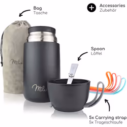 Milu Thermo Food Flask - 300, 440, 450, 650, 800ml - Stainless Steel Insulated Container - Lunchbox - Jar with Spoon for hot and Cold Food (Black,