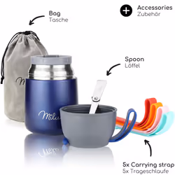 Milu Thermo Food Flask - 300, 440, 450, 650, 800ml - Stainless Steel Insulated Container - Lunchbox - Jar with Spoon for hot and Cold Food (Navyblue
