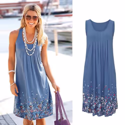 MakeWishes Women Summer Evening Party Beach Dress Floral Sundress - light blue, XXL