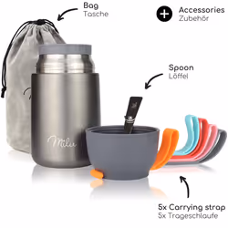 Milu Thermo Food Flask - 300, 440, 450, 650, 800ml - Stainless Steel Insulated Container - Lunchbox - Jar with Spoon for hot and Cold Food (Grey,
