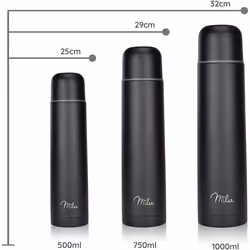 Milu Vacuum Drinking Flask Thermo Water Bottle with Cup, 1L, 750ml, 500ml - Insulated Stainless Steel, 100% Leak-Proof, Double Wall Insulation (Black,