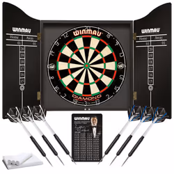 WINMAU Professional Dart Set includes Diamond Plus Bristle Dartboard - Black Cabinet - 2 Sets of Darts - Official Oche Line