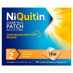 NiQuitin 14 mg Nicotine Patch - Step 2 - Stop Smoking Aid Therapy - 14 Clear Patches for 2 Weeks Treatment - 24h Craving Control - Invisible Nicotine