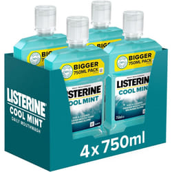 Listerine Cool Mint Mouthwash Pack of 4 (4 x 750ml), Helps Kill Up to 99% of Germs Left After Brushing and Reduce Plaque, Mouthwash to Freshen Breath