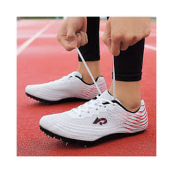 Men Durable Athletics Sneakers Running Spikes Non-Slip Gym Shoes Racing Trainers - White, UK 7.5