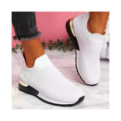 WOMENS LADIES SLIP ON SOCK WEDGE SNEAKERS CLASSIC JOGGING PUMPS SHOES TRAINERS - White, UK 6