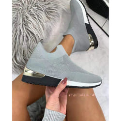 WOMENS LADIES SLIP ON SOCK WEDGE SNEAKERS CLASSIC JOGGING PUMPS SHOES TRAINERS - Grey, UK 6