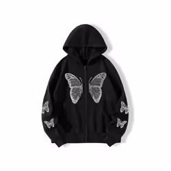 Womens Butterfly Print Hooded Sweatshirt Ladies Casual Baggy Zip Up Hoodie Hoody - Black, XL