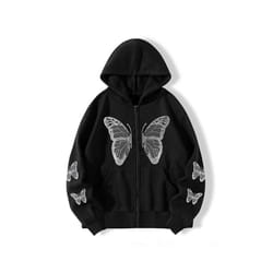 Womens Butterfly Print Hooded Sweatshirt Ladies Casual Baggy Zip Up Hoodie Hoody - Black, XL
