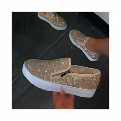 Loafers Womens Ladies Slip On Rhinestone Flat Trainers Zip Shoes Size Uk 2.5-9 - Beige, UK Size 5