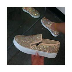 Loafers Womens Ladies Slip On Rhinestone Flat Trainers Zip Shoes Size Uk 2.5-9 - Beige, UK Size 8