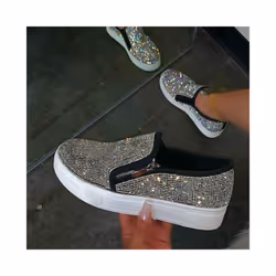 Loafers Womens Ladies Slip On Rhinestone Flat Trainers Zip Shoes Size Uk 2.5-9 - Black, UK Size 5