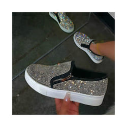 Loafers Womens Ladies Slip On Rhinestone Flat Trainers Zip Shoes Size Uk 2.5-9 - Black, UK Size 5