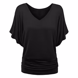 Women T Shirt V Neck Tops Ladies Bohemian Short Sleeve Beach T-shirt Casual - Black, Tag Size L=UK Size 10
