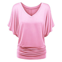 Women T Shirt V Neck Tops Ladies Bohemian Short Sleeve Beach T-shirt Casual - Pink, Tag Size 2XL=UK Size 14