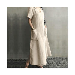 Womens Cotton Linen Short Sleeve Maxi Dress Ladies Casual Baggy V Neck Sundress - Khaki, 4XL UK SIZE 20
