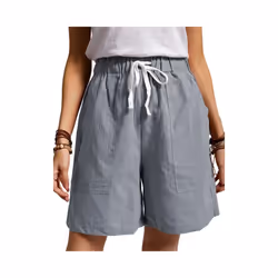 UK Womens Cotton Solid Drawstring Shorts Ladies Pocket Loose Elastic Waist Pants - Gray, M UK SIZE 12