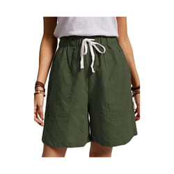 UK Womens Cotton Solid Drawstring Shorts Ladies Pocket Loose Elastic Waist Pants - Green, 4XL UK SIZE 22