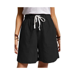UK Womens Cotton Solid Drawstring Shorts Ladies Pocket Loose Elastic Waist Pants - Black, 4XL UK SIZE 22