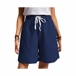 UK Womens Cotton Solid Drawstring Shorts Ladies Pocket Loose Elastic Waist Pants - Blue, L UK SIZE 14