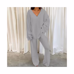 Ladies Lounge Sets Elastic Waist Two Piece Outfit Women Casual Long Sleeve Home - Grey, S