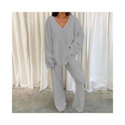 Ladies Lounge Sets Elastic Waist Two Piece Outfit Women Casual Long Sleeve Home - Grey, XL