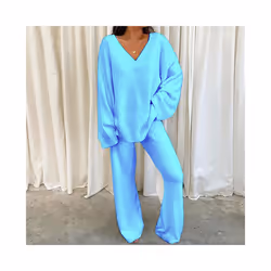 Ladies Lounge Sets Elastic Waist Two Piece Outfit Women Casual Long Sleeve Home - Blue, XL
