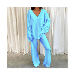 Ladies Lounge Sets Elastic Waist Two Piece Outfit Women Casual Long Sleeve Home - Blue, 2XL