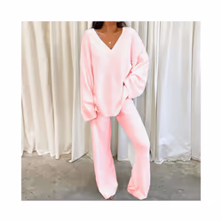 Ladies Lounge Sets Elastic Waist Two Piece Outfit Women Casual Long Sleeve Home - Pink, S