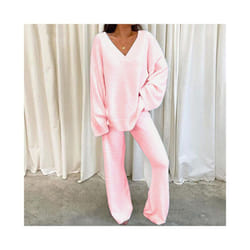 Ladies Lounge Sets Elastic Waist Two Piece Outfit Women Casual Long Sleeve Home - Pink, 2XL