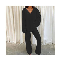 Ladies Lounge Sets Elastic Waist Two Piece Outfit Women Casual Long Sleeve Home - Black, L