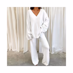 Ladies Lounge Sets Elastic Waist Two Piece Outfit Women Casual Long Sleeve Home - White, S