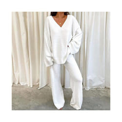 Ladies Lounge Sets Elastic Waist Two Piece Outfit Women Casual Long Sleeve Home - White, 3XL
