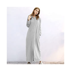 Ladies Zip Up Dressing Gown/Bathrobe Womens Comfy Soft Extra Long Fleece Hooded - LightGrey, XL