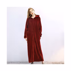 Ladies Zip Up Dressing Gown/Bathrobe Womens Comfy Soft Extra Long Fleece Hooded - Wine, L