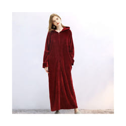 Ladies Zip Up Dressing Gown/Bathrobe Womens Comfy Soft Extra Long Fleece Hooded - Wine, XL