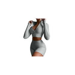 Womens Fitness Yoga Set Long Sleeve Crop Top Shorts Gym Workout Sports Wear Suit - Grey, L