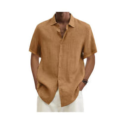 Mens Cotton Linen Short Sleeve Dress Shirt Button-down Baggy Solid Blouse Tops - Khaki, 4XL