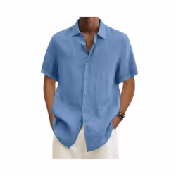 Mens Cotton Linen Short Sleeve Dress Shirt Button-down Baggy Solid Blouse Tops - Light Blue, XL