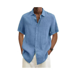 Mens Cotton Linen Short Sleeve Dress Shirt Button-down Baggy Solid Blouse Tops - Light Blue, XL