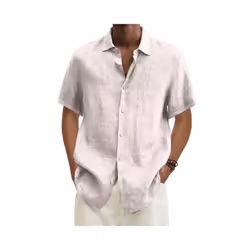 Mens Cotton Linen Short Sleeve Dress Shirt Button-down Baggy Solid Blouse Tops - White, L