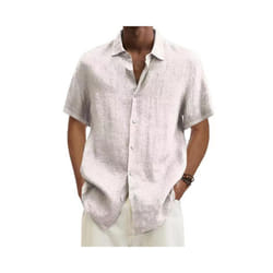 Mens Cotton Linen Short Sleeve Dress Shirt Button-down Baggy Solid Blouse Tops - White, L