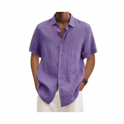 Mens Cotton Linen Short Sleeve Dress Shirt Button-down Baggy Solid Blouse Tops - Purple, 5XL