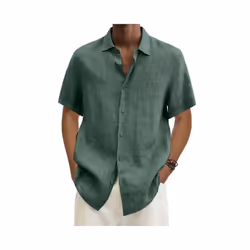 Mens Cotton Linen Short Sleeve Dress Shirt Button-down Baggy Solid Blouse Tops - Green, XL