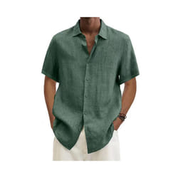 Mens Cotton Linen Short Sleeve Dress Shirt Button-down Baggy Solid Blouse Tops - Green, XL