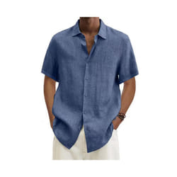 Mens Cotton Linen Short Sleeve Dress Shirt Button-down Baggy Solid Blouse Tops - Blue, 2XL
