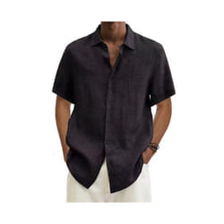 Mens Cotton Linen Short Sleeve Dress Shirt Button-down Baggy Solid Blouse Tops - Black, 3XL