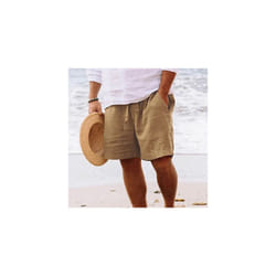 Mens Cotton Linen Shorts Summer Beach Hawaiian Drawstring Waist Short Pants - Yellow, L