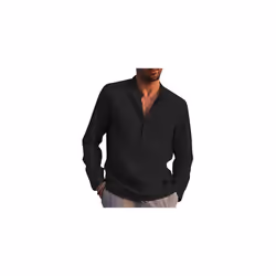 Mens Long Sleeve Cotton Linen Henley Shirt Solid Button Pullover T Shirt Blouse - Black, M